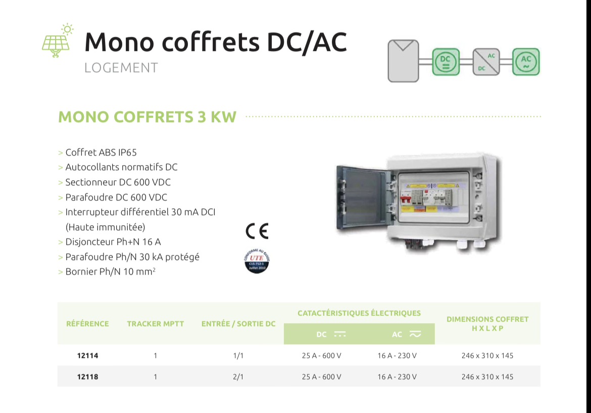 Mono Coffret 3kW complet de protection avec partie AC et DC incluant les parafoudres aux normes NF & EU