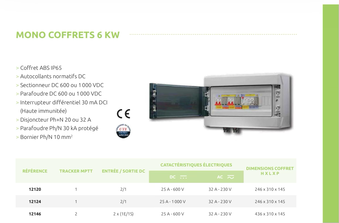 Mono Coffret 6kW complet de protection avec partie AC et DC incluant les parafoudres aux normes NF & EU