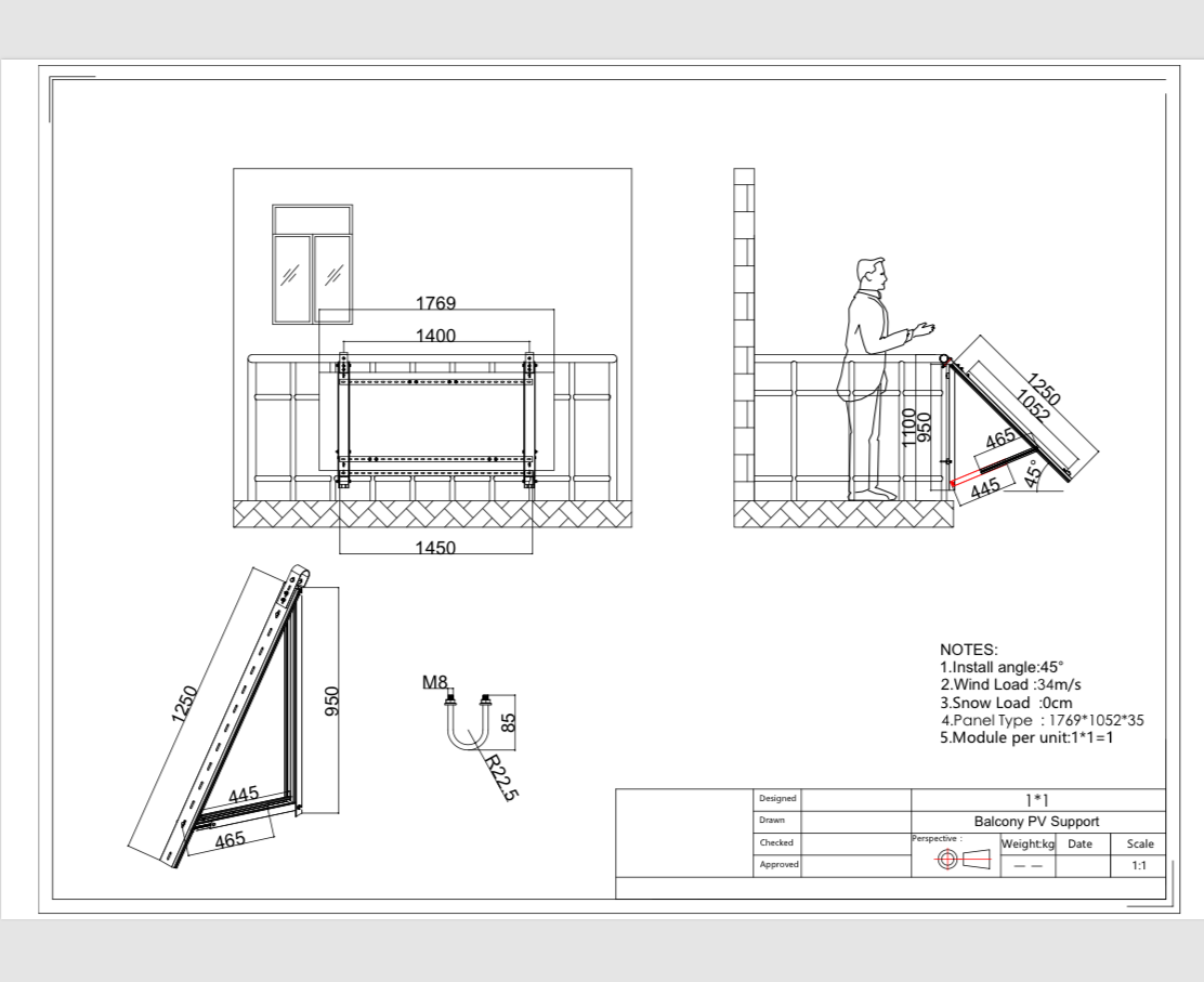 Kit complet de fixation en façade et/ou balcon orientable de 30° à 50° pour un panneau solaire